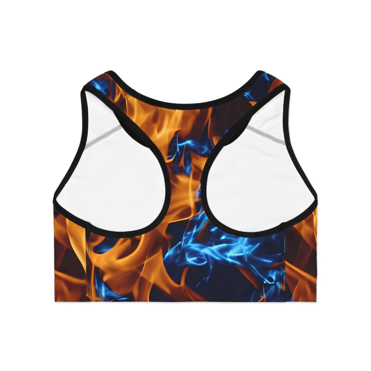 Blue and Orange Flame All Over Print (AOP) Sports Bra - Ignite Your Workout Style