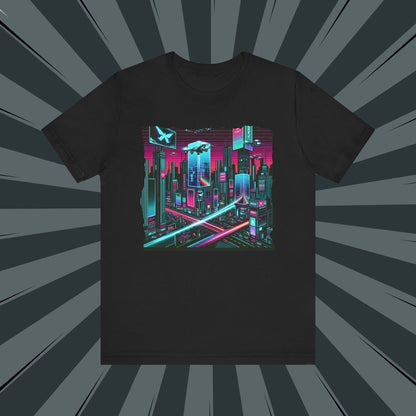 Neon Cityscape Tee, Retro Graphic T-Shirt, Unisex Casual Wear, Streetwear, Holiday Gift, Cyberpunk Style