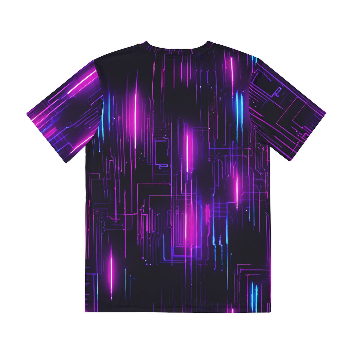 Men's Polyester Tee (AOP) - 3D Neon Cyborg Skull & Futuristic Lights Cyberpunk