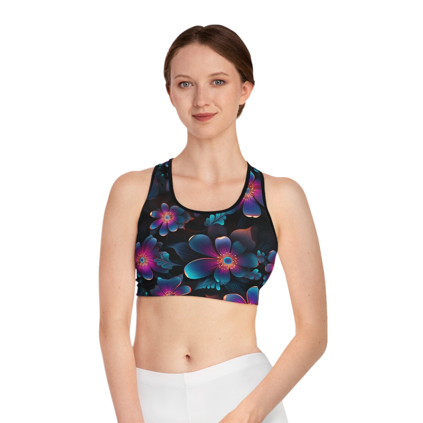 Neon Blossom Burst Women's Sports Bra Vibrant Floral Fitness Sports Bra (AOP)