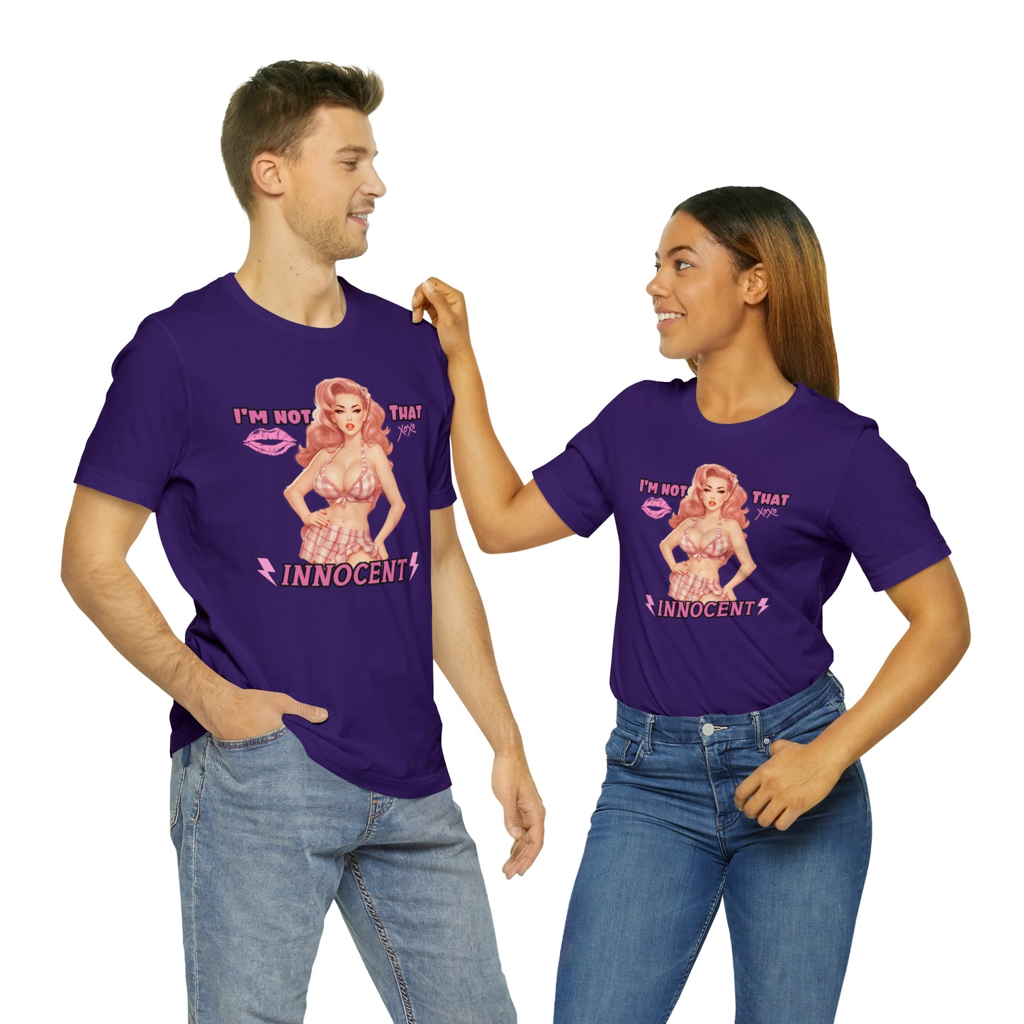 Timeless Elegance: Vintage Pink Pinup Girl "I'm not that Innocent on a Bella+Canva 3001 Unisex Jersey T-Shirt - A Must-Have Gift for her