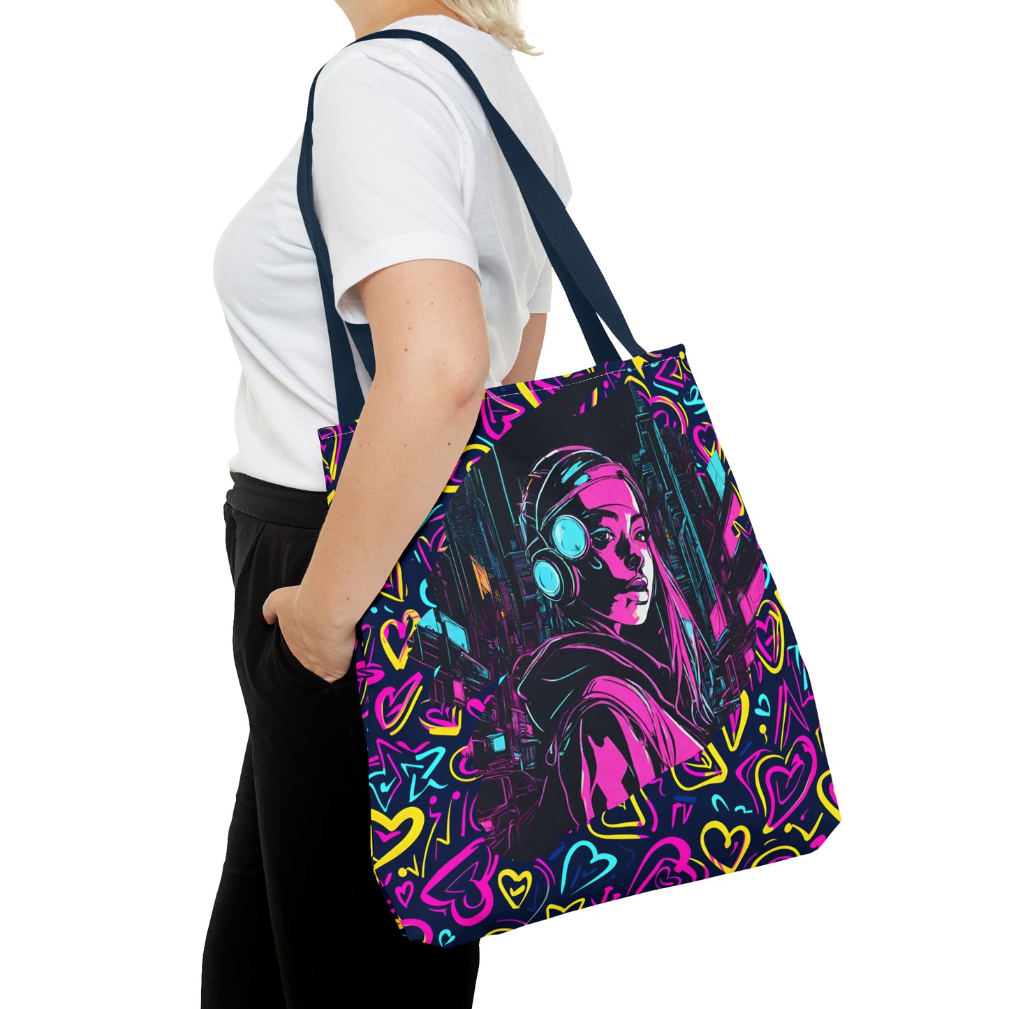 Cyberpunk Girl in Neon Graffiti Hearts AOP Tote Bag 3 sizes 5 color handle options