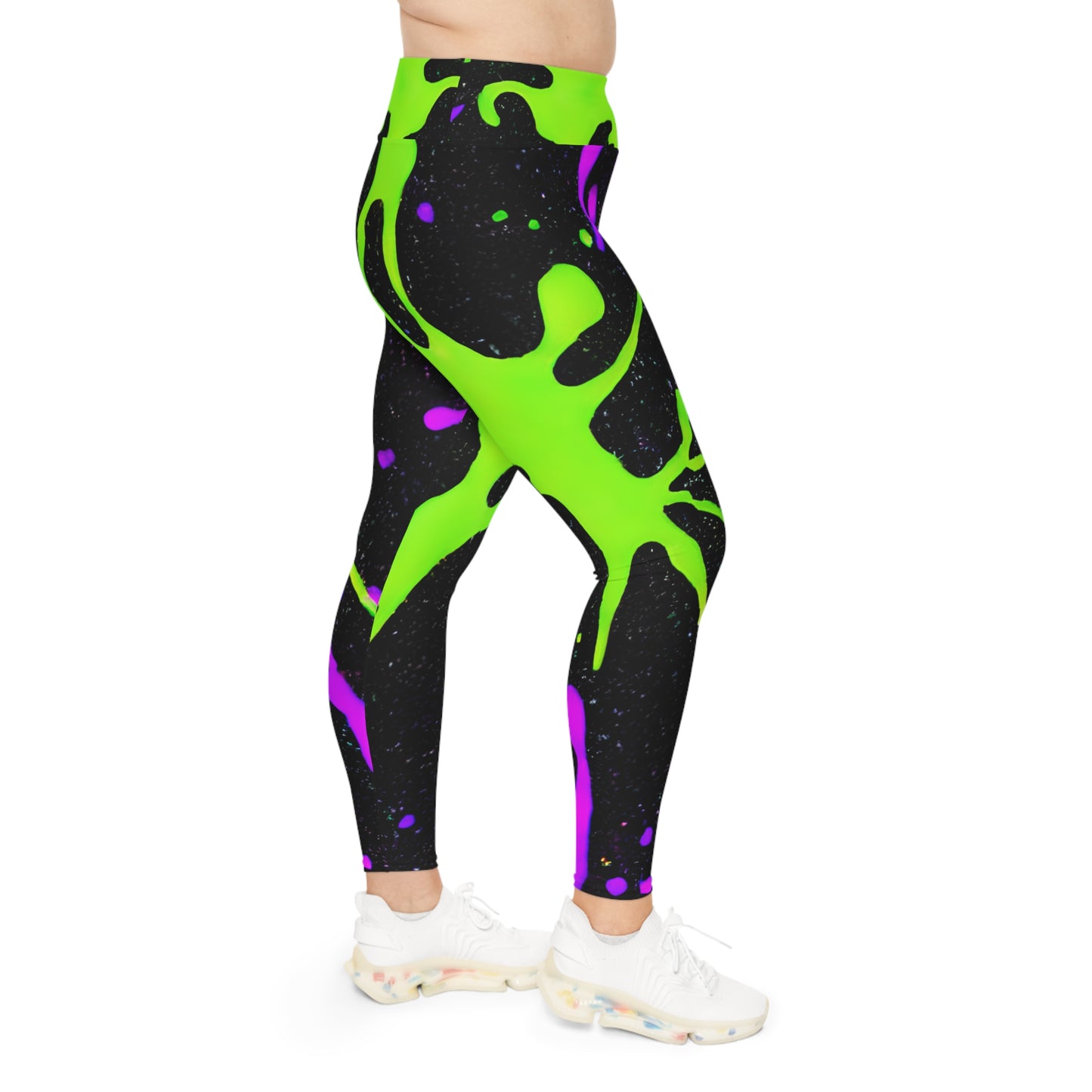 Plus Size Leggings with Green and Pink Paint Splatters (AOP) - Stylish Comfort for Every Curve