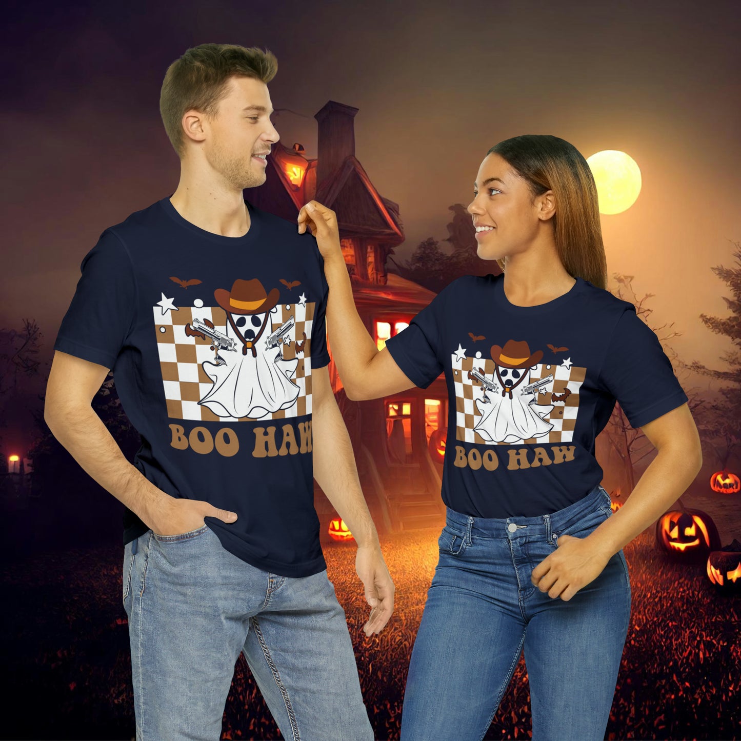 Cowboy Gunslinging Ghost saying Boo Haw Retro Western Halloween Unisex Jersey Short Sleeve Tee Gifts for Him Gifts for Her