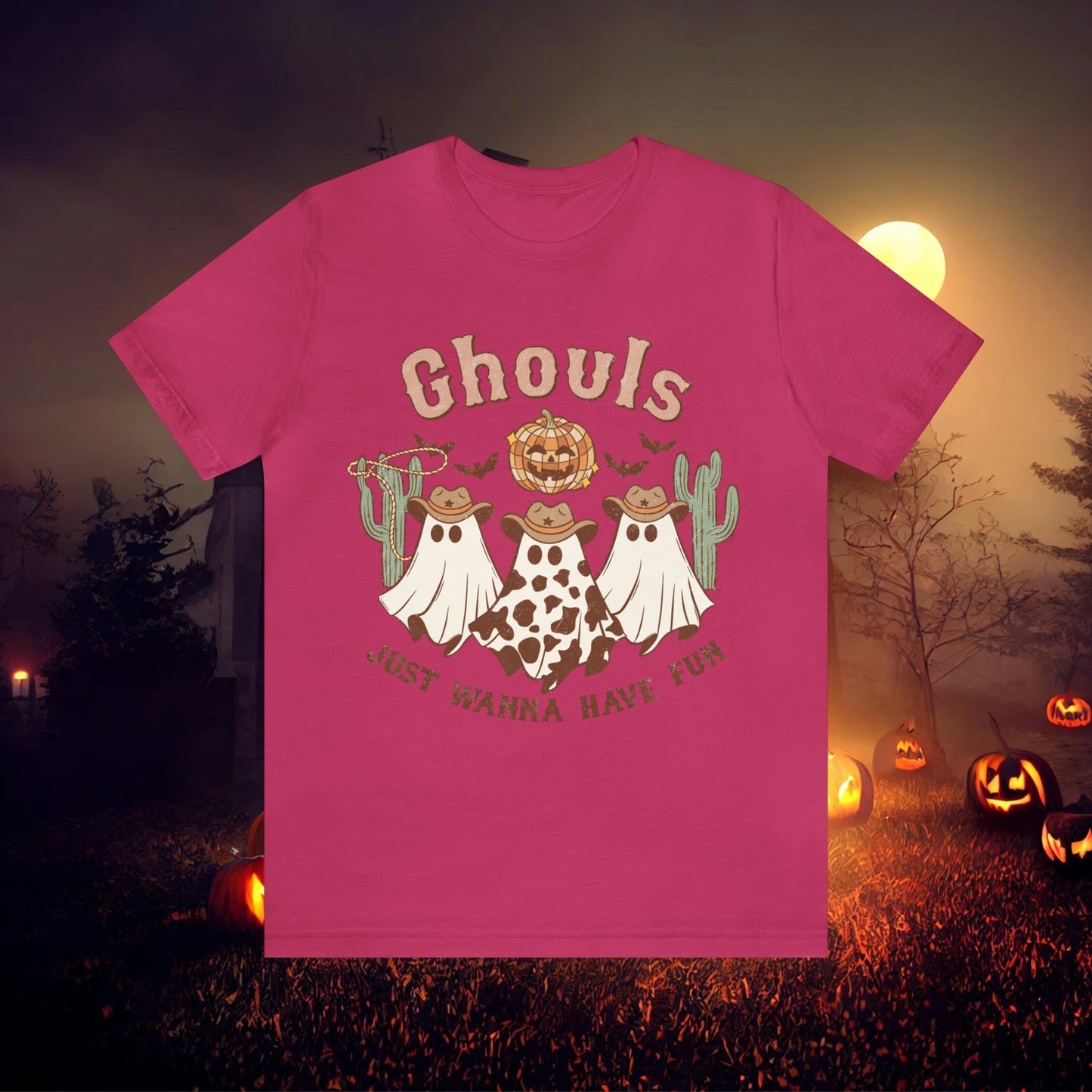 Ghouls Just wanna have fun Cowgirl Ghosts Retro Halloween Unisex Jersey Short Sleeve Tee Gifts for her