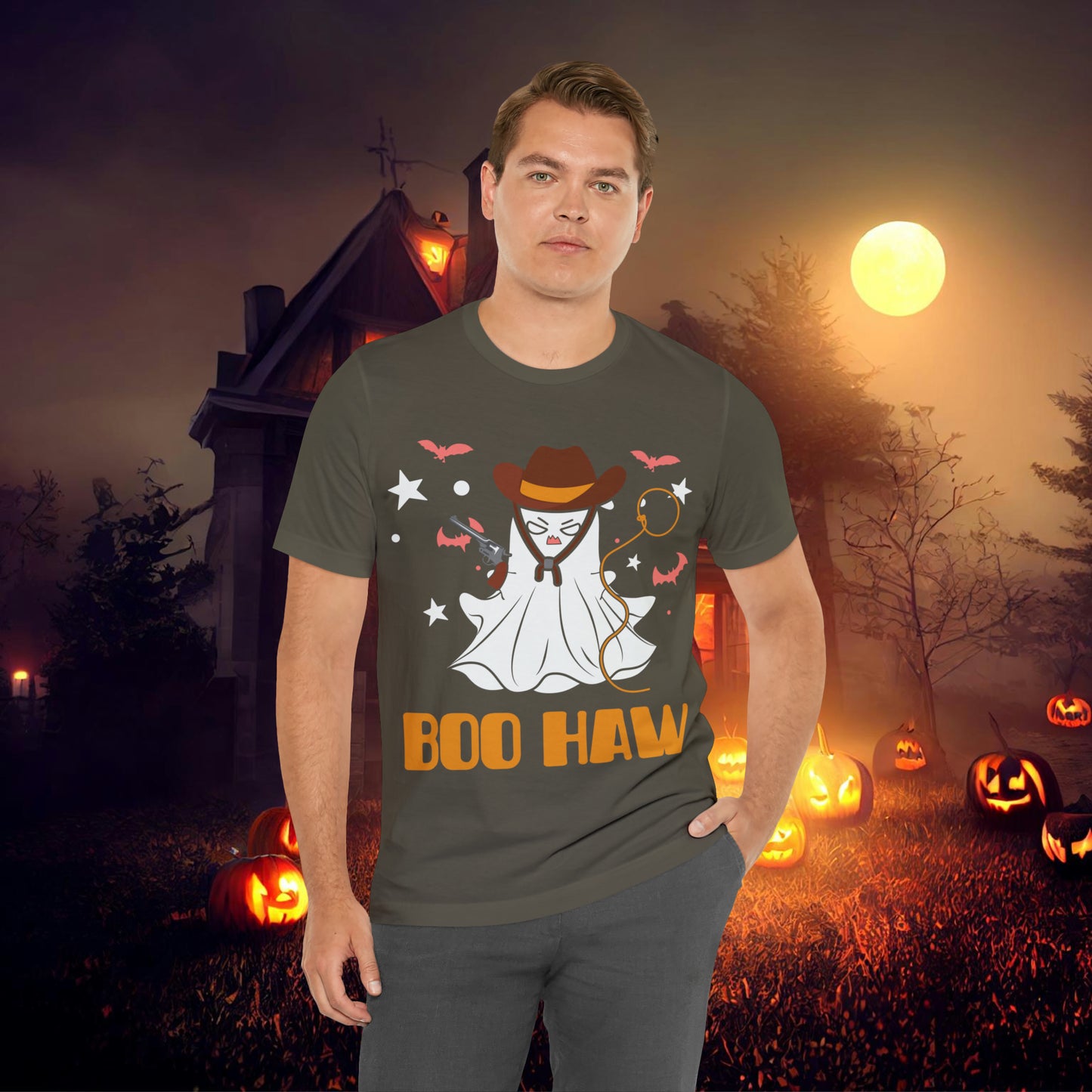 Ghost Cowboy Gunslinger saying Boo Haw Retro Western Halloween Unisex Jersey Short Sleeve Tee Gifts for Her Gifts for Him