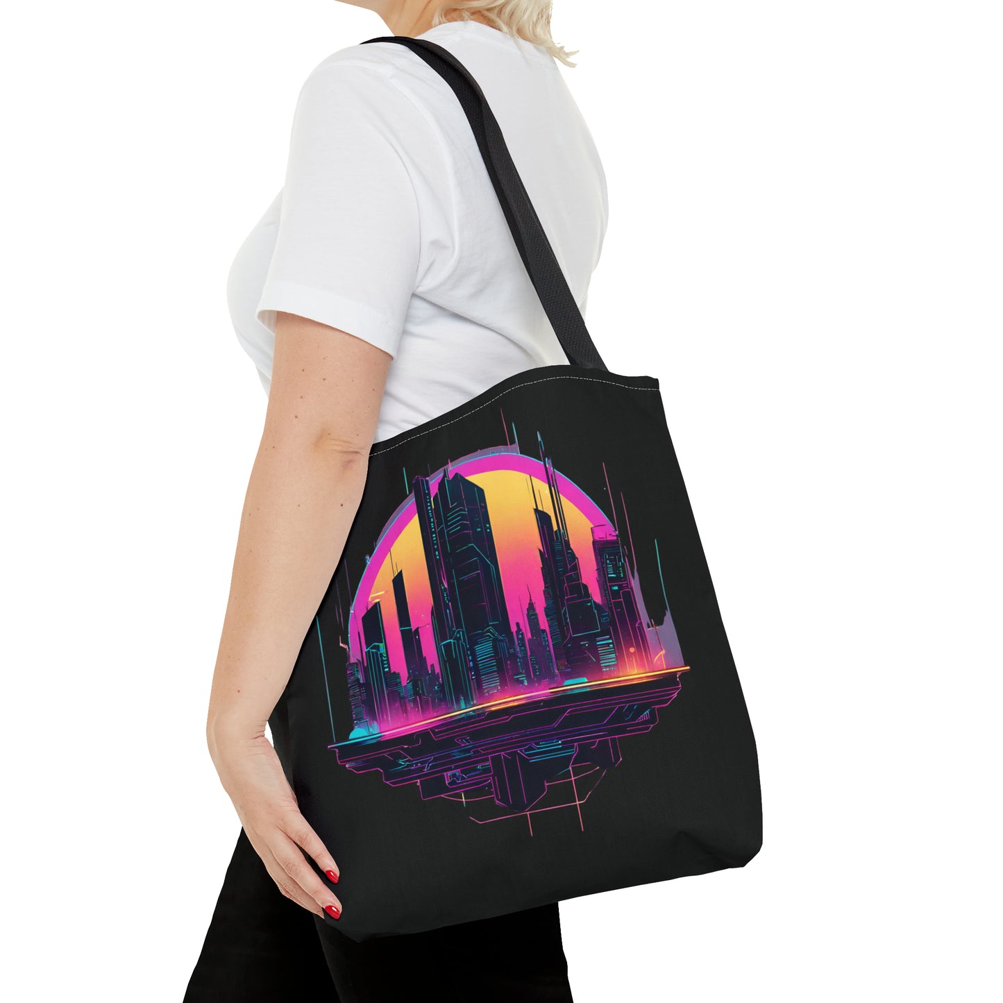 Cyberpunk City Landscape AOP Tote Bag 3 sizes 5 color handle options