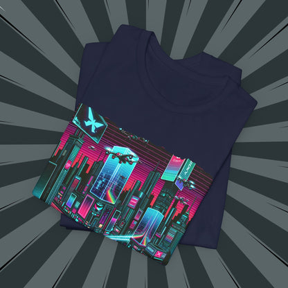 Neon Cityscape Tee, Retro Graphic T-Shirt, Unisex Casual Wear, Streetwear, Holiday Gift, Cyberpunk Style