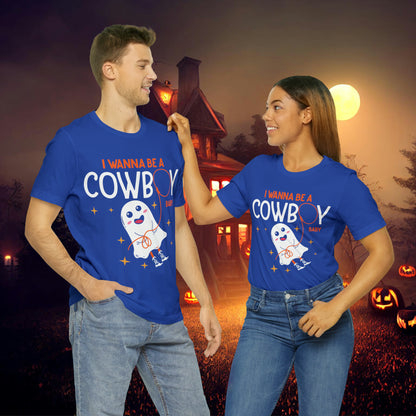 Little Ghost Saying I wanna be a cowboy baby Retro Groovy Western Halloween Unisex Jersey Short Sleeve Tee Gifts for Him Gifts for her.