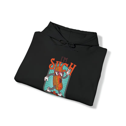 "DirkyThreadz Hot Dog Coolness Hoodie - Quirky Cartoon Design in Bold Blue"