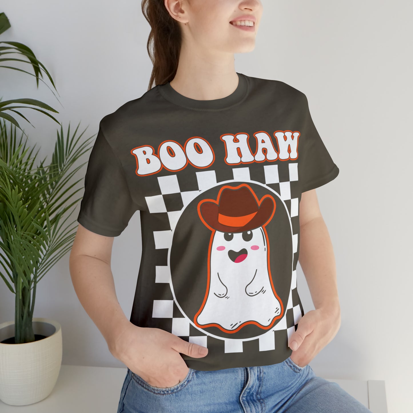 Cute Cowboy Ghost Saying Boo Haw Retro Groovy Western Halloween Unisex Jersey Short Sleeve Tee Gifts for Him Gifts For Her