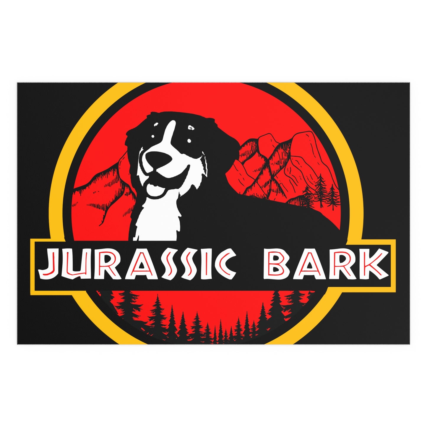 Jurassic Bark Bernese Mountain Dog Indoor and Outdoor Silk Posters