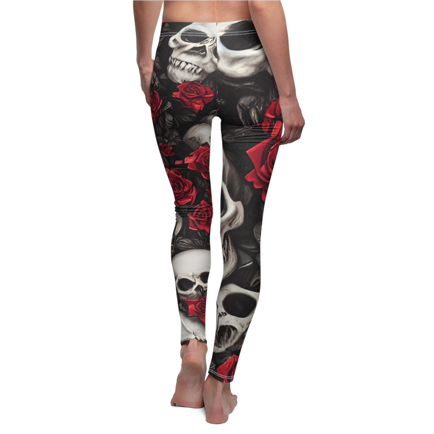 Hyper Realistic Skulls and Red Roses by artist Anne-Laure Goupil Women's Cut & Sew Casual Leggings (AOP)