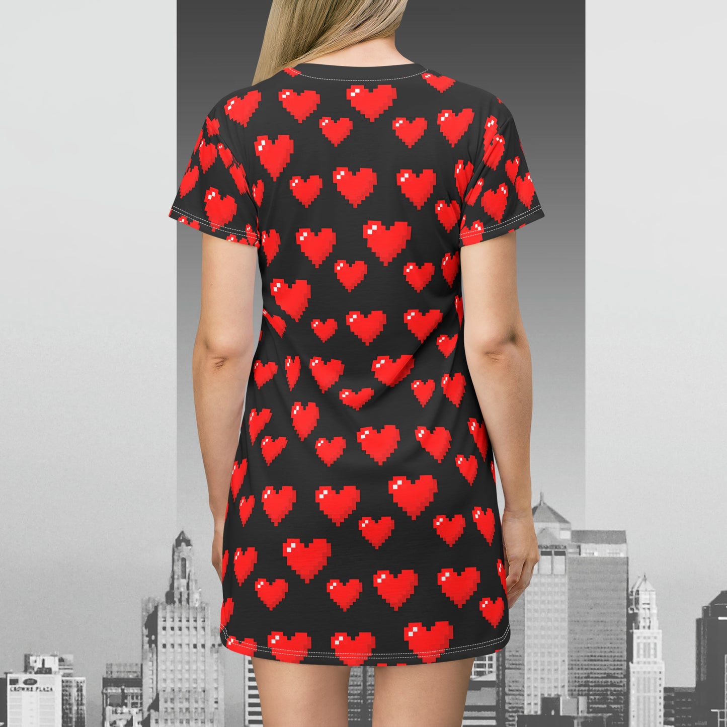 8-bit Heart in Black T-Shirt Dress (AOP)