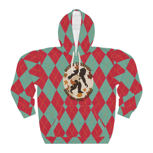 Bigfoot in Fall Leaves Plaid Unisex Pullover Hoodie (AOP) - World Champion Hide and Seek Player