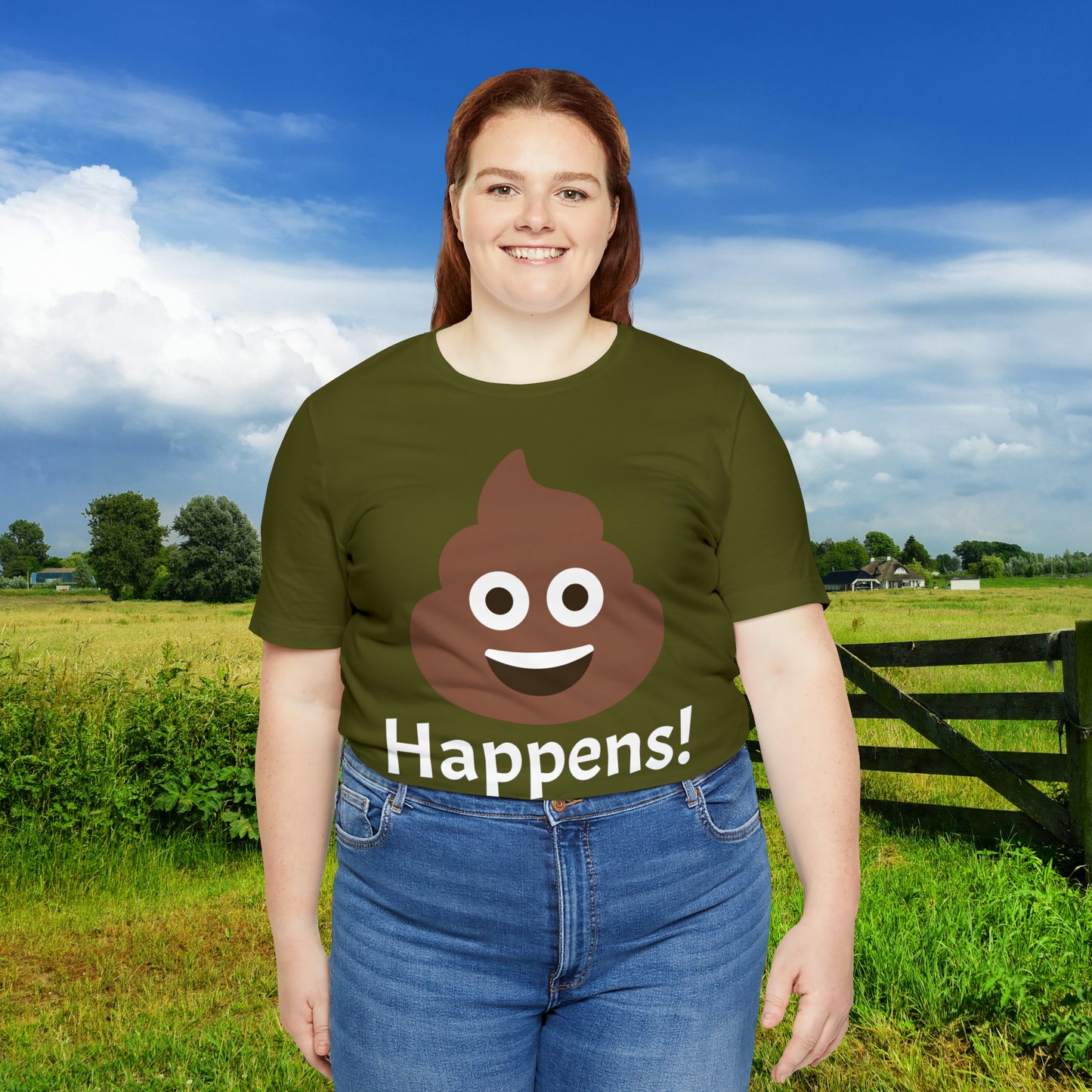 Embrace the Inevitable: 'Happens' Poop Emoji Unisex Jersey T-Shirt