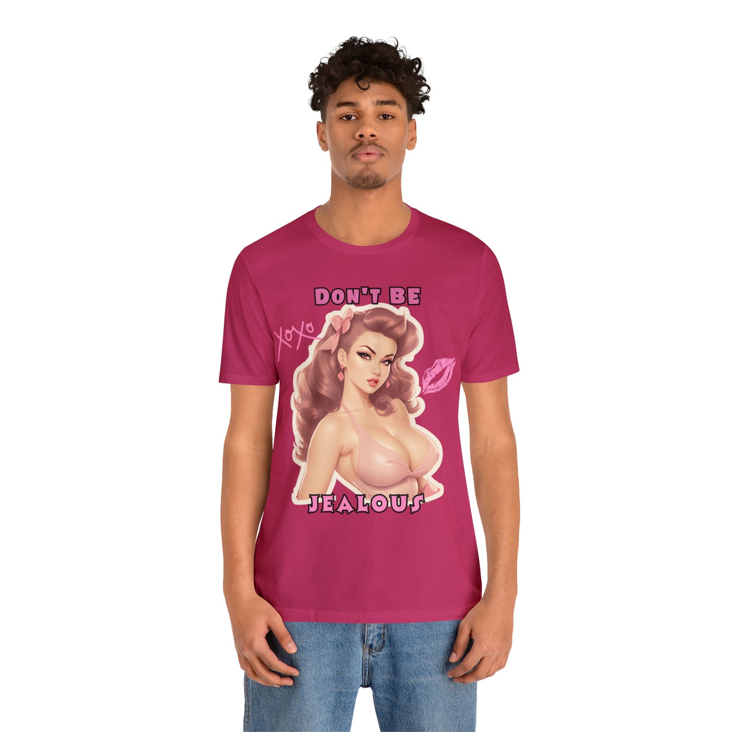 Timeless Elegance: Vintage Pink Pinup Girl "Don't Be Jealous" on a Bella+Canva 3001 Unisex Jersey T-Shirt - A Must-Have Gift for her