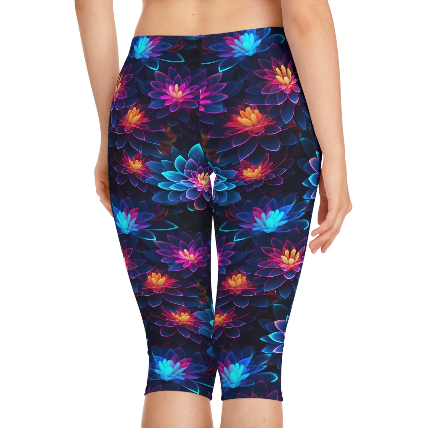 Women's Capri Leggings with Neon Flower Pattern - Vibrant AOP Fitness & Yoga Leggings