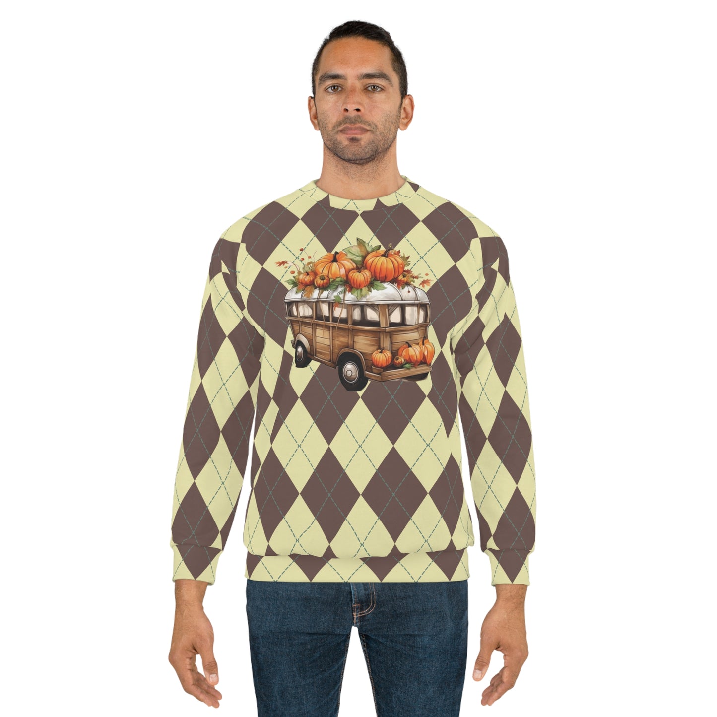 Vintage Van and Pumpkins Brown Rhombuses Fall Unisex Sweatshirt (AOP) - Cozy Up to Autumn's Charms