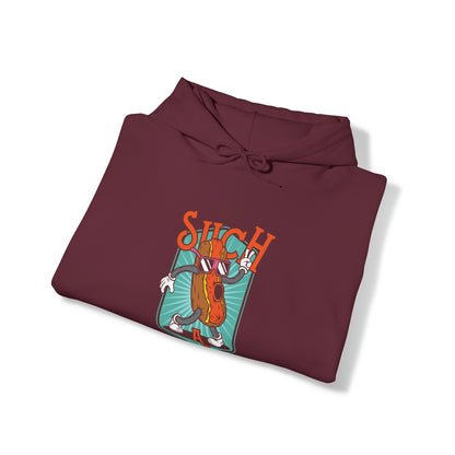 "DirkyThreadz Hot Dog Coolness Hoodie - Quirky Cartoon Design in Bold Blue"