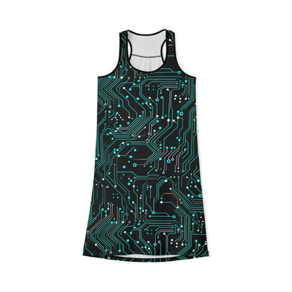 Glowing Gridlines: Cyberpunk Women's Tech-Inspired Racerback Dress - Circuit Design