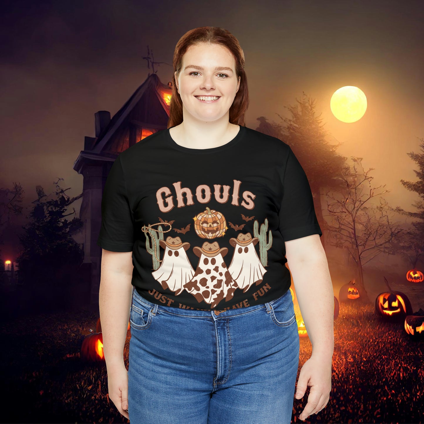 Ghouls Just wanna have fun Cowgirl Ghosts Retro Halloween Unisex Jersey Short Sleeve Tee Gifts for her