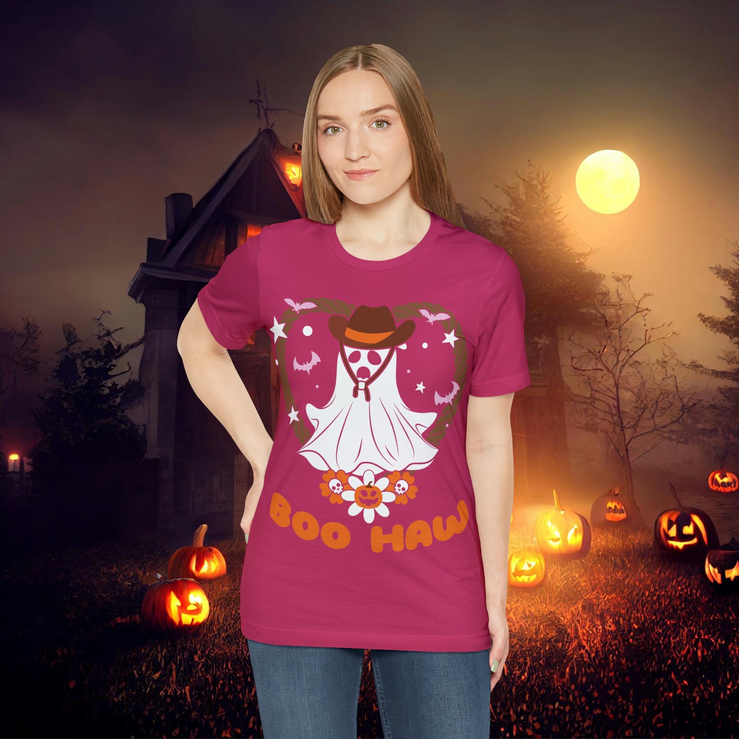 Boo Haw Retro Groovy Western Halloween Unisex Jersey Short Sleeve Tee Gifts for Him Gifts for Her