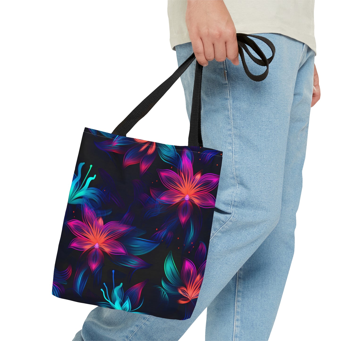 Burst of Neon Blossoms All Over Print Tote Bag