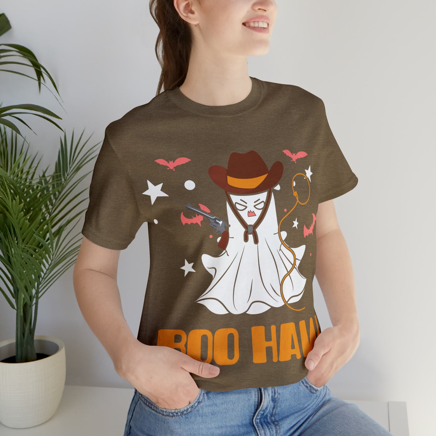 Ghost Cowboy Gunslinger saying Boo Haw Retro Western Halloween Unisex Jersey Short Sleeve Tee Gifts for Her Gifts for Him