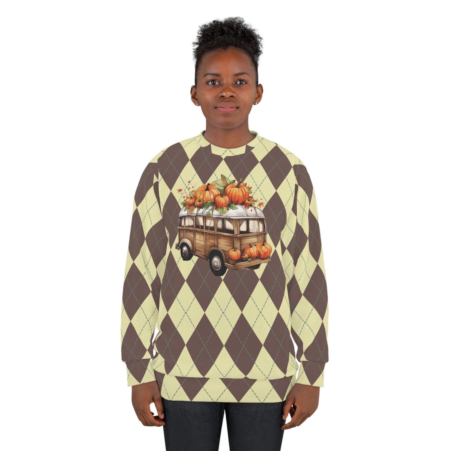 Vintage Van and Pumpkins Brown Rhombuses Fall Unisex Sweatshirt (AOP) - Cozy Up to Autumn's Charms