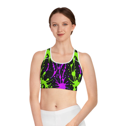 Pink & Green Paint Splatter Sports Bra