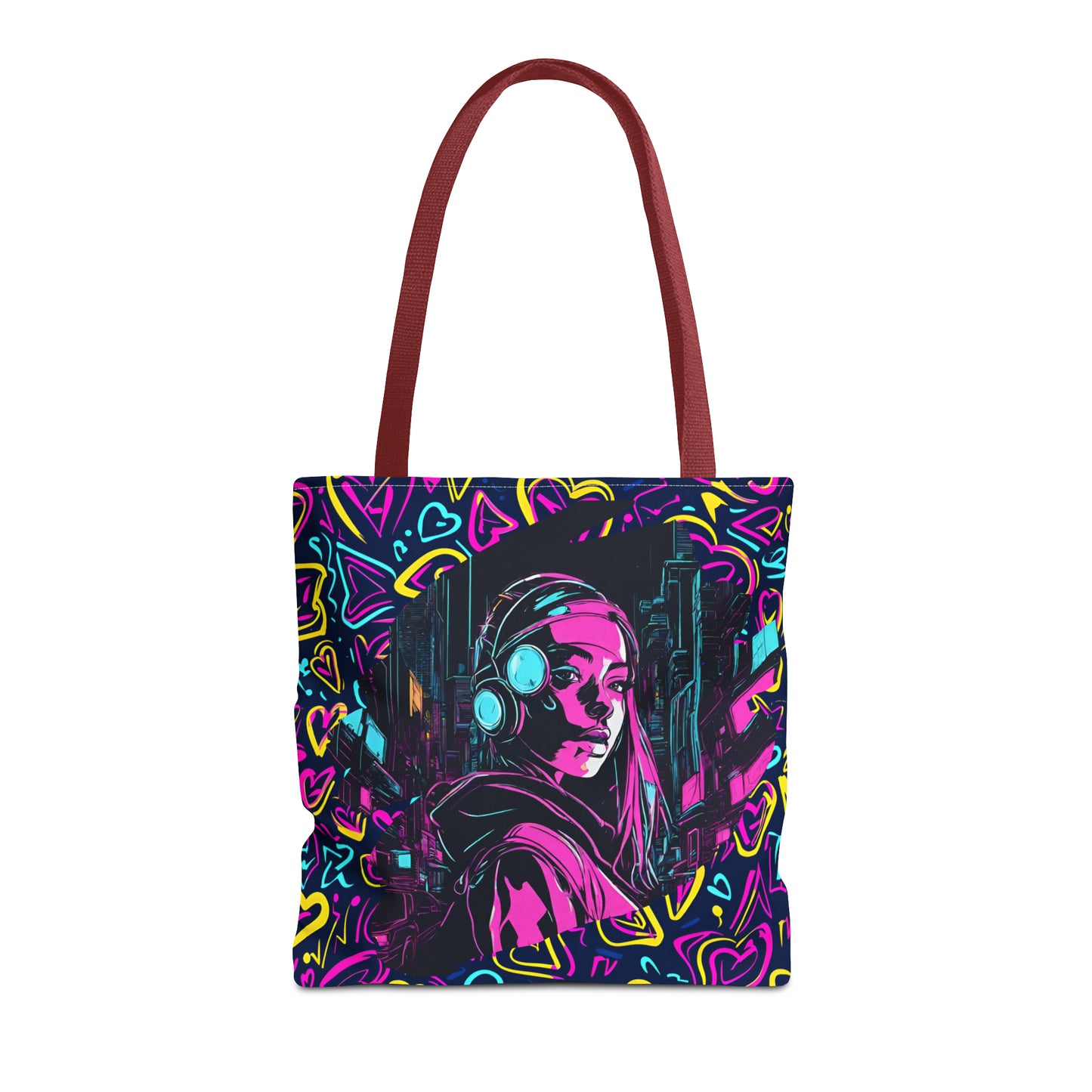 Cyberpunk Girl in Neon Graffiti Hearts AOP Tote Bag 3 sizes 5 color handle options