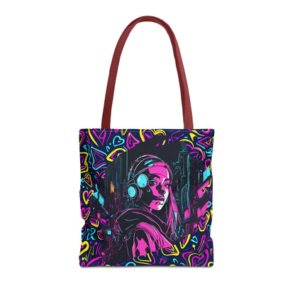 Cyberpunk Girl in Neon Graffiti Hearts AOP Tote Bag 3 sizes 5 color handle options