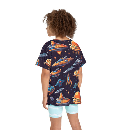 Launch into Playtime: All Over Print Kid Sport Jersey with Space Ships