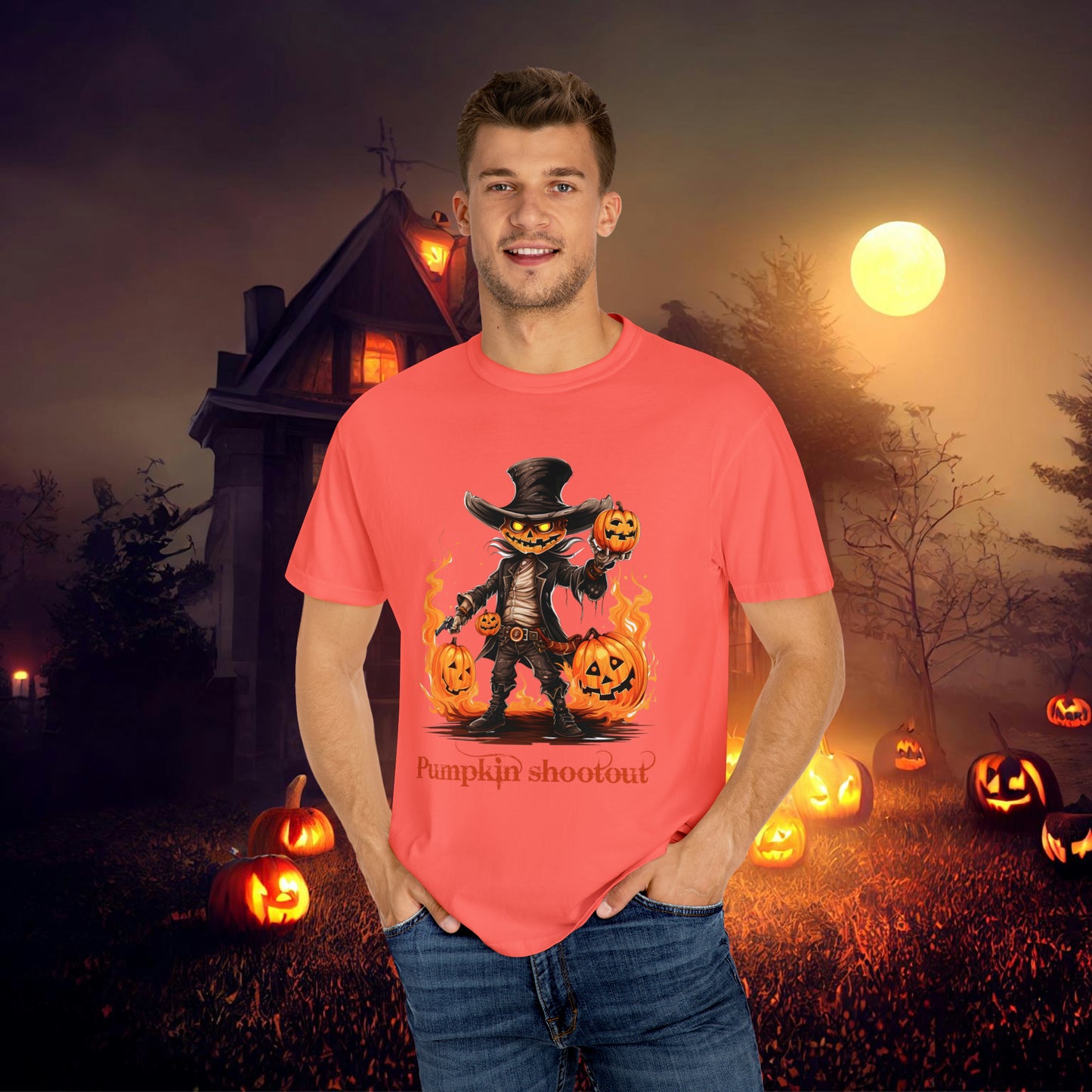 Cowboy Skeleton Gunslinger Pumpkin Shoot Out Halloween Unisex Garment-Dyed T-shirt Gifts for her Gifts for him