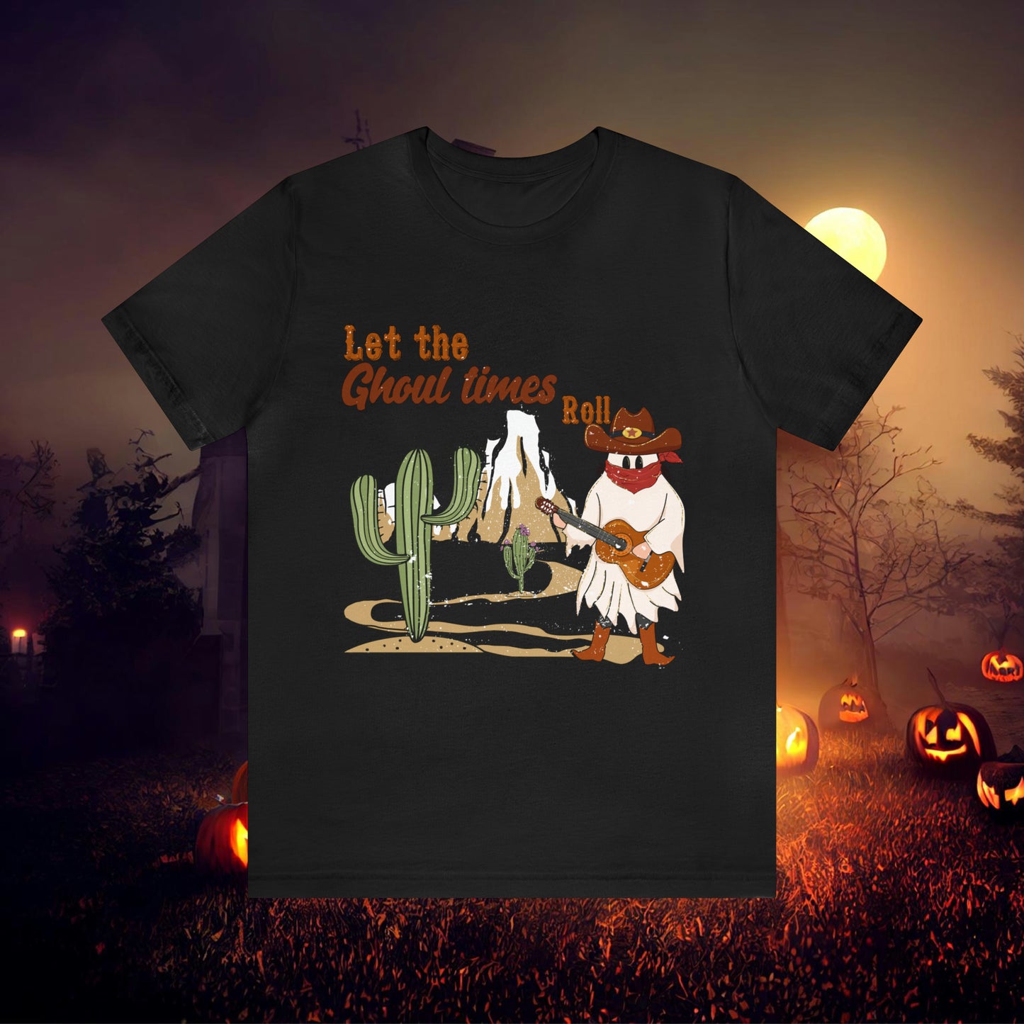 Cowboy Ghost playing the Guitar singing Let the Ghoul times roll Halloween Unisex Jersey Short Sleeve Tee Gifts for him Gifts for Her