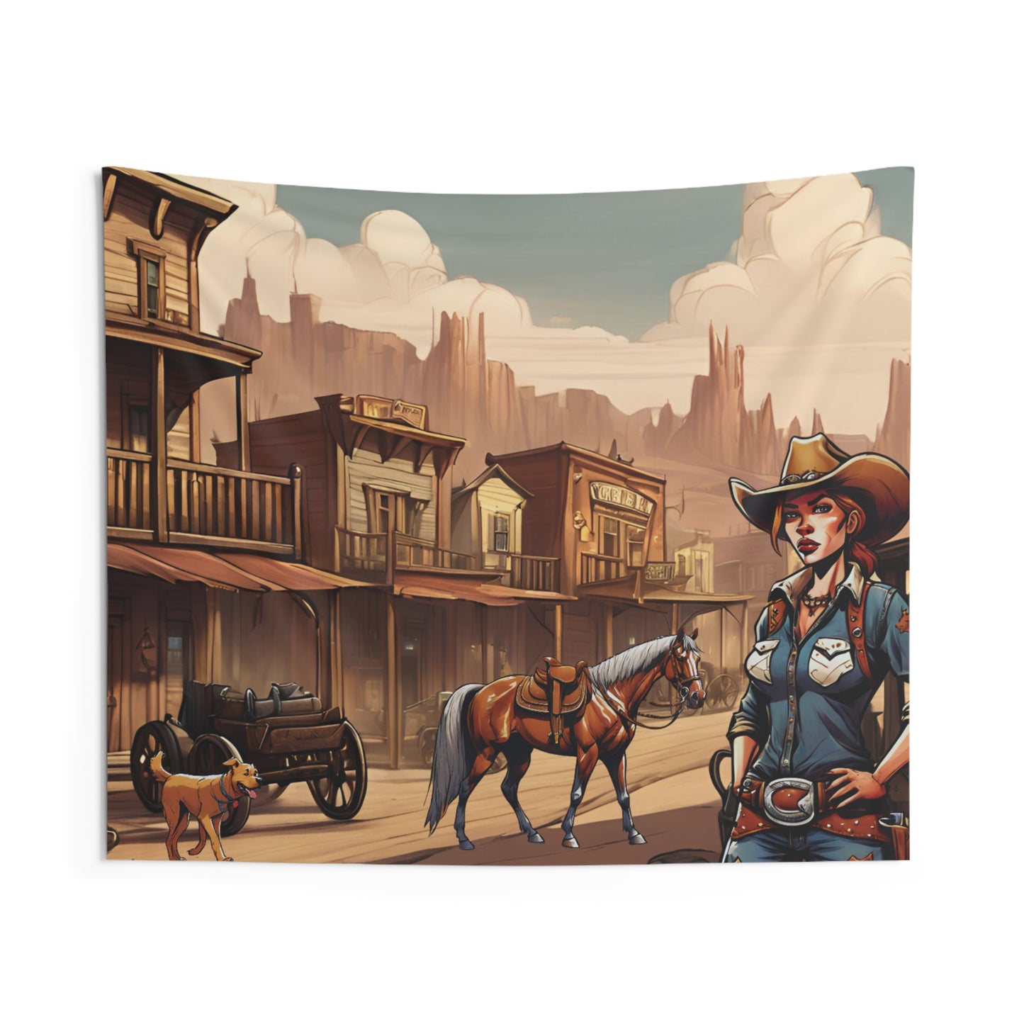 Rustle Up Charm: Cowgirl in a Western Town Indoor Tapestry - Vintage Frontier Décor