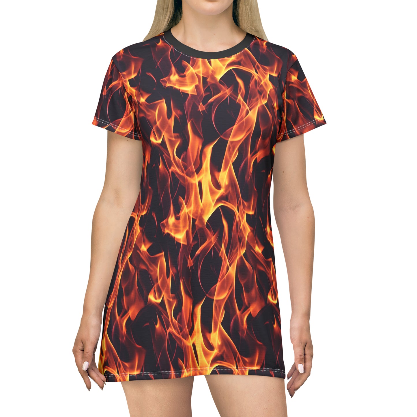 Flames Unleashed: Realistic All Over Print T-Shirt Dress (AOP)