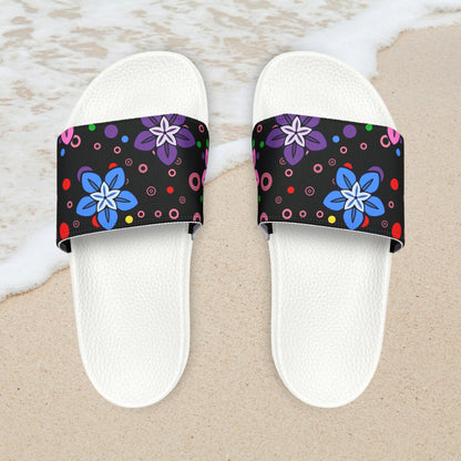 Good Times Good Vibes Feeling Groovy Retro Colorful Flowers Women's PU Slide Sandals