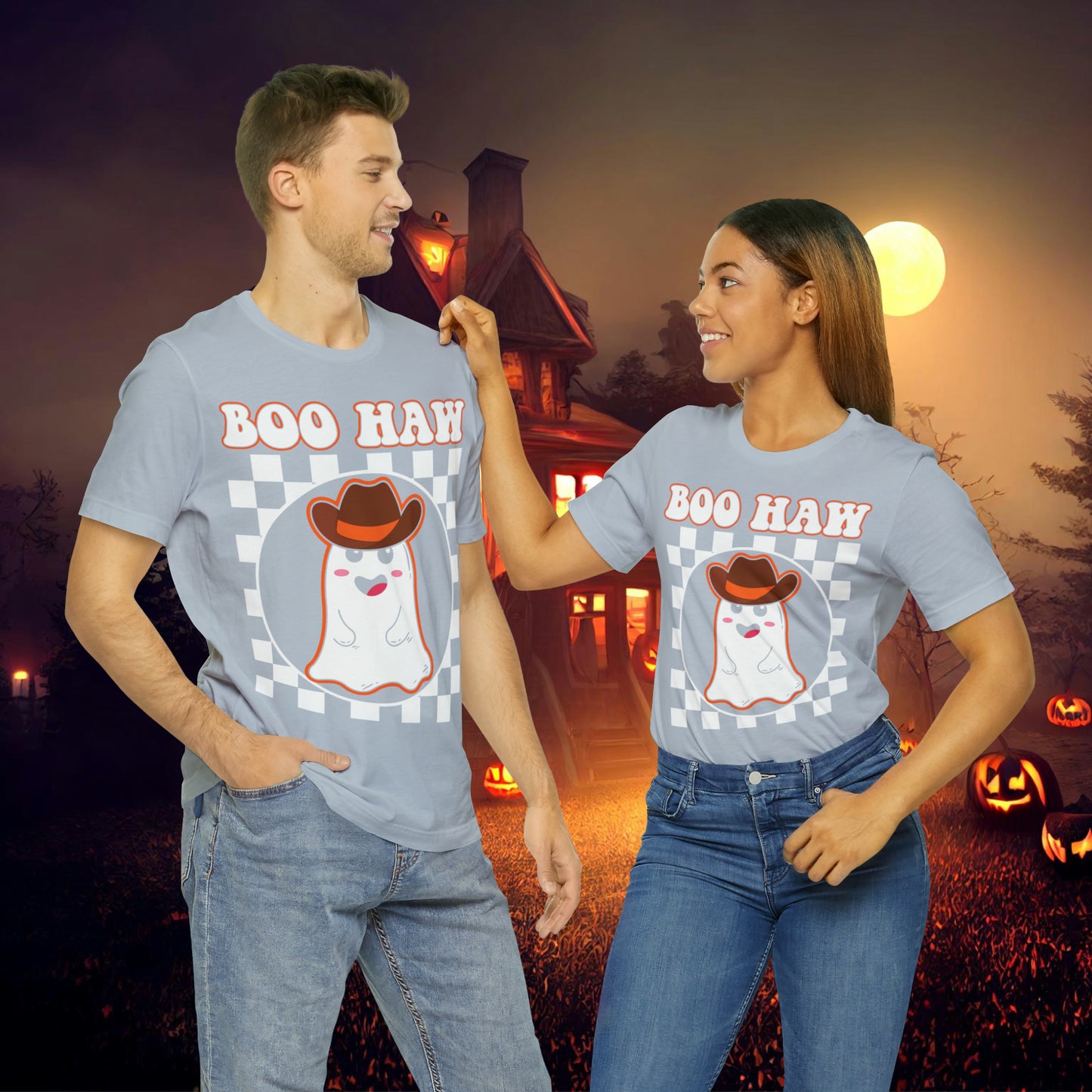 Cute Cowboy Ghost Saying Boo Haw Retro Groovy Western Halloween Unisex Jersey Short Sleeve Tee Gifts for Him Gifts For Her