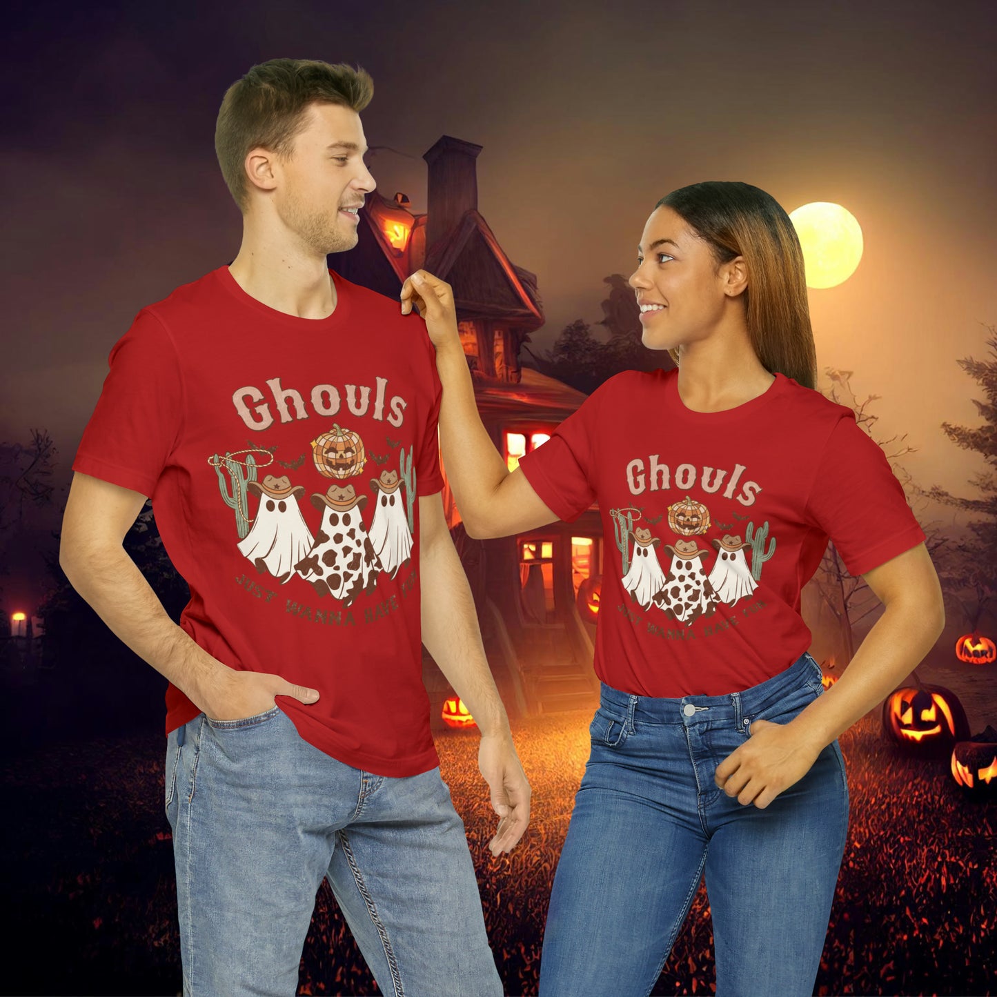 Ghouls Just wanna have fun Cowgirl Ghosts Retro Halloween Unisex Jersey Short Sleeve Tee Gifts for her