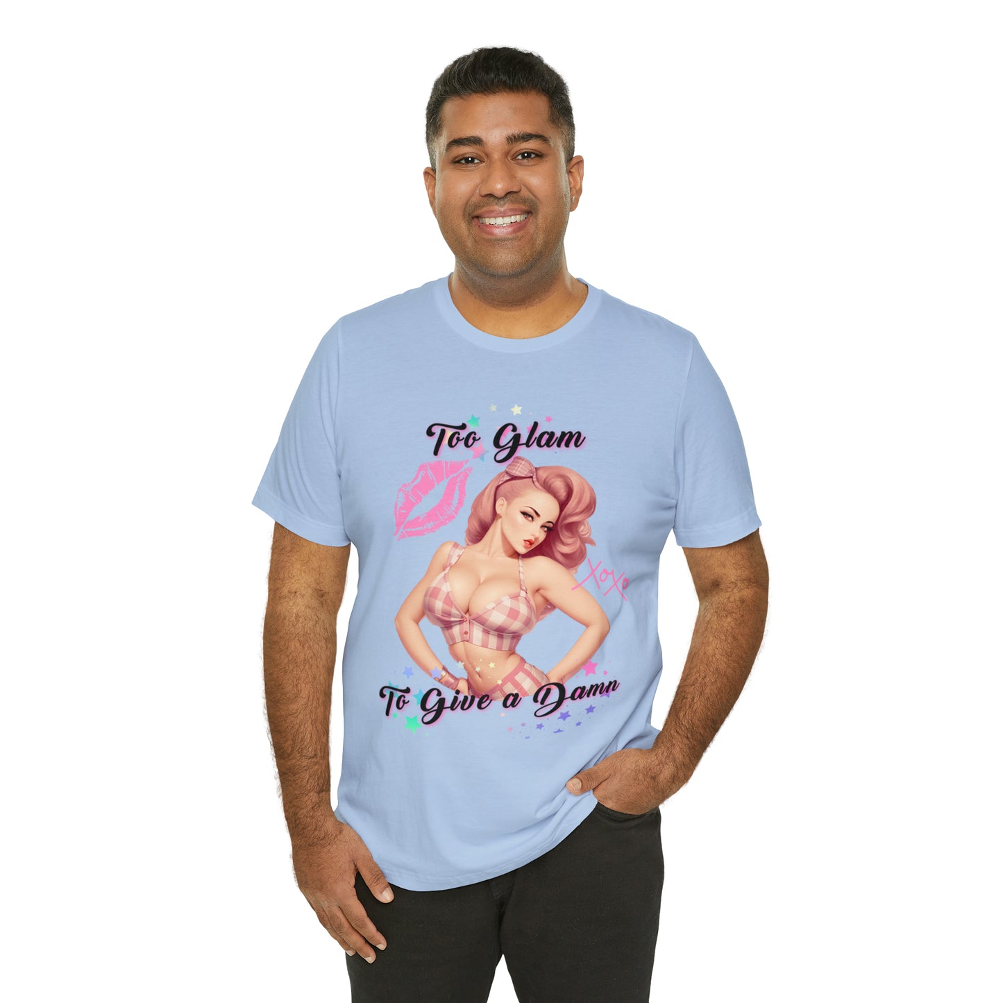 Vintage Pink Pinup Girl "Too Glam To Give a D*mn" on a Bella+Canva 3001 Unisex Jersey T-Shirt - A Must-Have Gift for her