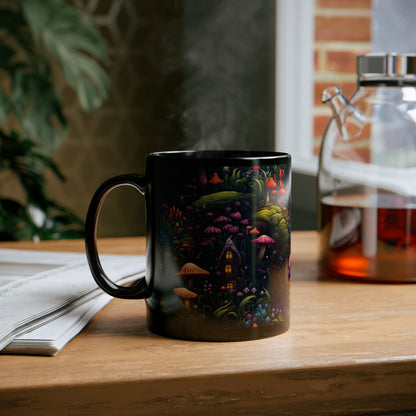 Fairy Tale Magical Forest With Colorful Mushrooms with little gnome girl11oz Black Mug