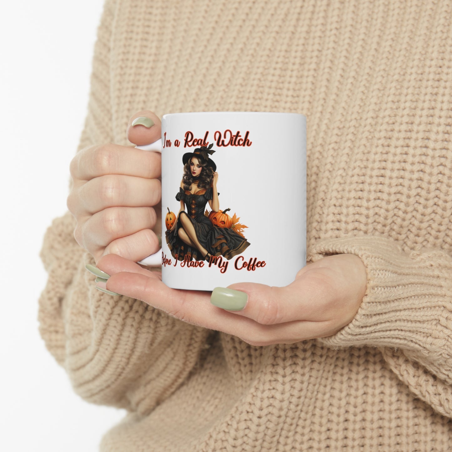 Vintage Pinup Witch: Sip Your Spells in Style "I'm a real Witch before I have my coffee" Halloween Ceramic 11oz Mug Gifts for her