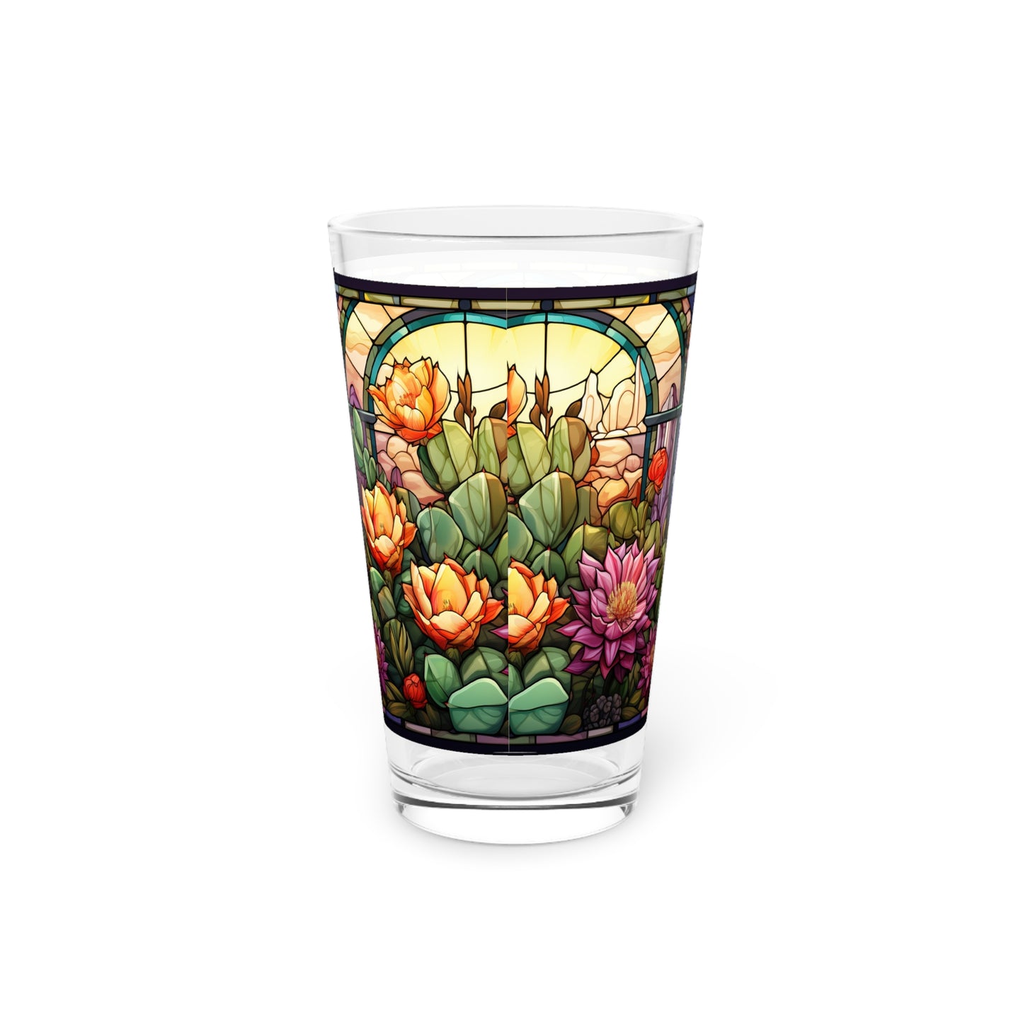 Desert Bloom: A Stained Glass Tribute to Cacti 16oz Pint Glass Gift idea gifts for home decor housewarming gift