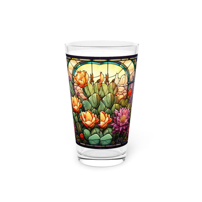 Desert Bloom: A Stained Glass Tribute to Cacti 16oz Pint Glass Gift idea gifts for home decor housewarming gift