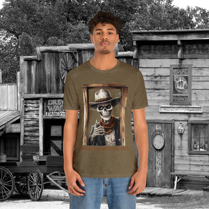 Spooky Saloon Showdown Gunslinging Skeleton Cowboy Halloween Unisex Jersey Short Sleeve Tee