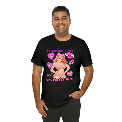 Sarcastic Elegance: Vintage Pink Pinup Girl "Sugar and Spice" on a Bella+Canva 3001 Unisex Jersey T-Shirt - A Must-Have Gift for her