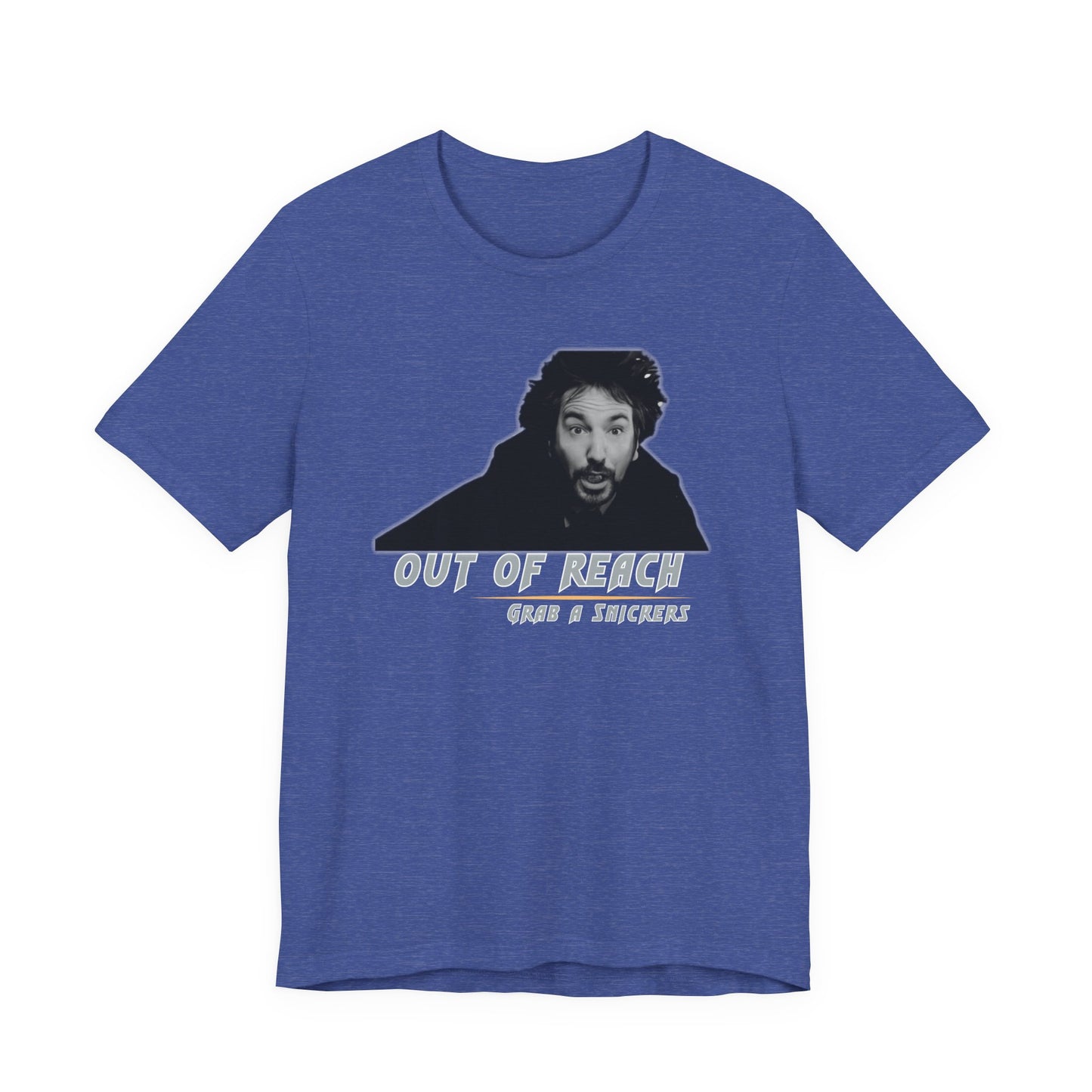 Inspired Parody Die Hard Hans Gruber Tee: Out of Reach, Grab a Snickers! Unisex Jersey Short Sleeve Tee