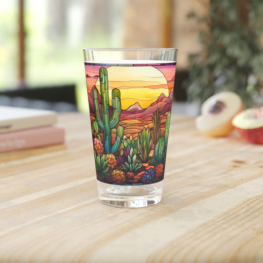 Desert Cactus Bloom: A Stained Glass Tribute to Cacti 16oz Pint Glass Gift idea gifts for home decor housewarming gift